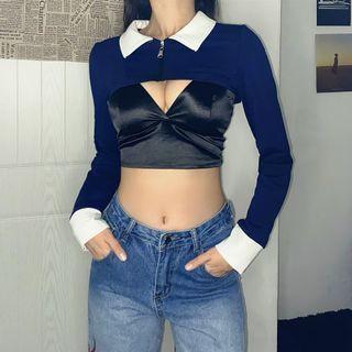 Long-sleeve Contrast Collar Zip Shrug