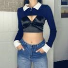 Long-sleeve Contrast Collar Zip Shrug