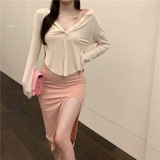 Long-sleeve Hooded T-shirt / Slit Midi Bodycon Tank Dress