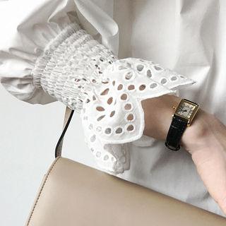 High-neck Smock-cuff Crochet-trim Blouse