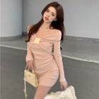 Long-sleeve Off-shoulder Crop Top / Mini Bodycon Slipdress