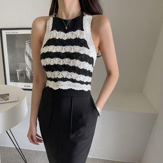 Halter Scallop-trim Stripe Knit Top White - One Size
