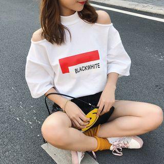 Open Shoulder Letter Elbow-sleeve T-shirt