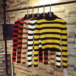 Cropped Long-sleeve Striped Knit Top