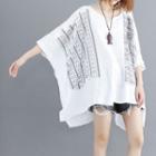Batwing 3/4-sleeve Linen Top White - One Size