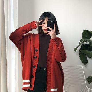 Striped Trim V-neck Long Cardigan
