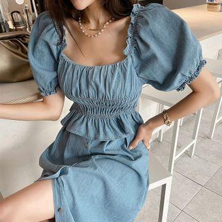 Smock Blouse & Button Skirt Denim Set