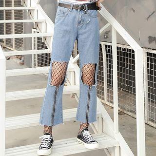 Zip Detail Cut Out Straight-cut Jeans
