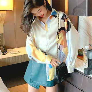 Long-sleeve Printed Shirt / Faux Leather Skirt