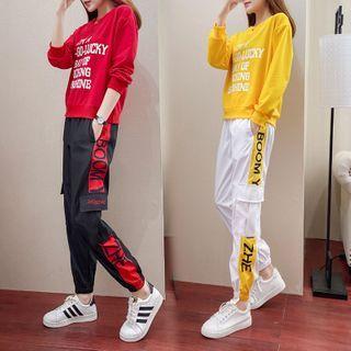 Lettering Sweatshirt / Two-tone Cargo Jogger Pants / Set