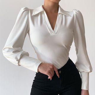 Long-sleeve Open Collar T-shirt