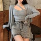 Set: Sleeveless Cutout Crop Top + Cardigan / High Waist Denim Mini Skirt