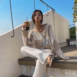 Roll-edge Checked Knit Top