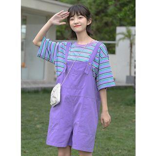 Striped Short-sleeve T-shirt / Plain Straight-cut Jumper Shorts