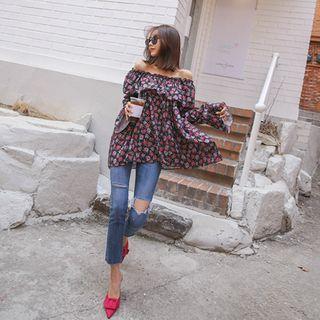 Off-shoulder Flounced Floral Top