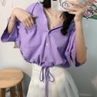 Drawstring Hem Short-sleeve Hooded Top