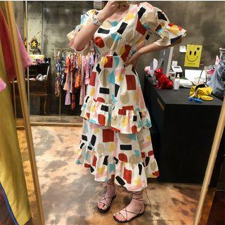 Patterned Short Sleeve Layered Midi Dress