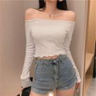 Long-sleeve Off-shoulder Cropped T-shirt White - One Size
