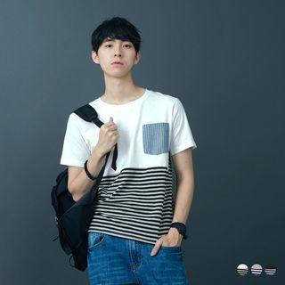Men Colourblock Stripes Pocketed Tee
