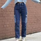 High Waist Pocket Color-block Jeans