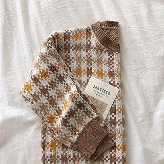 Color-block Plaid Crewneck Long-sleeve Sweater Khaki - One Size