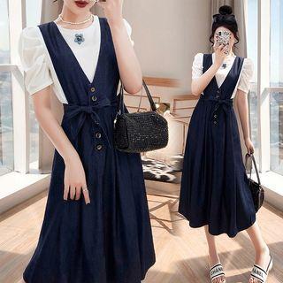 Set: Puff-sleeve Blouse + Denim Midi Overall Dress