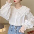 Long-sleeve Frill Trim Collared Blouse White - One Size