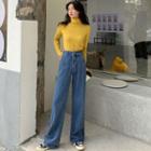 Turtleneck Long-sleeve Knit Top / High-waist Wide-leg Jeans