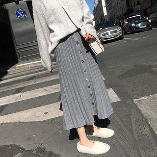 Button-front Midi A-line Pleated Knit Skirt