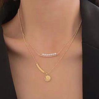 Smiley Pendant Alloy Necklace / Faux Pearl Necklace