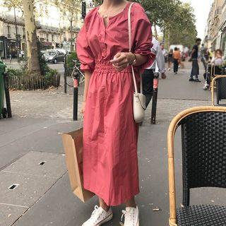 Plain Elbow-sleeve Midi Dress Watermelon Red - One Size