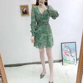 Long-sleeve V-neck Printed Mini Dress