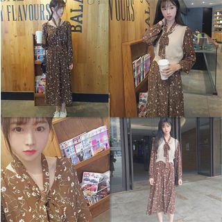 Floral Print Long Sleeve Dress / Knit Vest