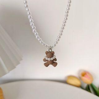 Bear Pendant Faux Pearl Necklace 1 Piece - Necklace - Faux Pearl & Bear - Brown & White - One Size