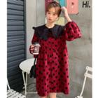 Long-sleeve Collared Corduroy Mini Dotted Dress