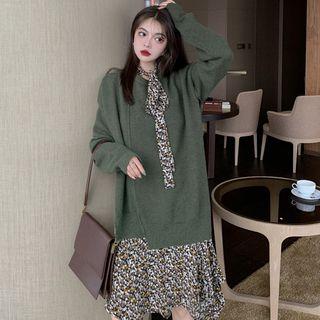 Bow-accent Leopard Printed Long Dress / Long-sleeve Plain Knit Sweater