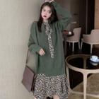 Bow-accent Leopard Printed Long Dress / Long-sleeve Plain Knit Sweater