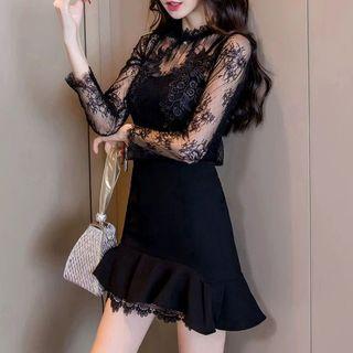 Set: Long-sleeve Lace Top + Mini Lace-hem A-line Skirt
