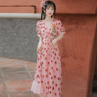 Strawberry Embroidered Mesh Short-sleeve Midi A-line Dress