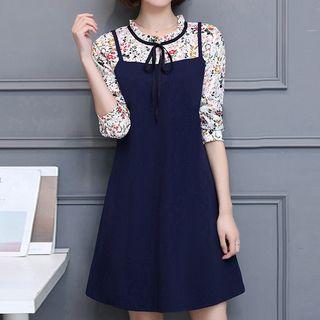 Mock Two-piece Long-sleeve Floral Print Mini Dress