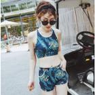 Set: Printed Tankini + Bikini Bottom + Hooded Zip Jacket
