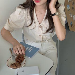Short-sleeve Collared Plain Blouse Almond - One Size