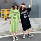 3/4-sleeve Letter Slit Midi T-shirt Dress