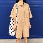 Pocketed 3/4-sleeve Playsuit Khaki - One Size