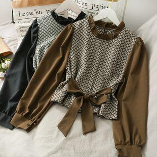 Patchwork Ruffled-neckline Ribbon T-shirt