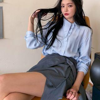 Irregular Collar Long-sleeve Shirt/ Irregular Wrapped Skirt