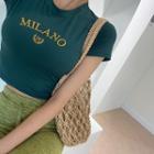 Letter-embroidered Cropped T-shirt Green - One Size
