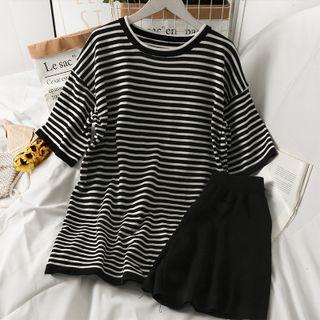 Set: Striped Loose Knit Top + Slim-fit Shorts Black - One Size