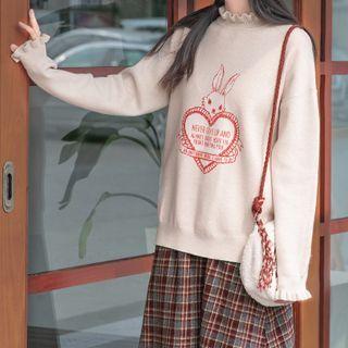 Ruffle Neck Rabbit Printed Knitted Sweater