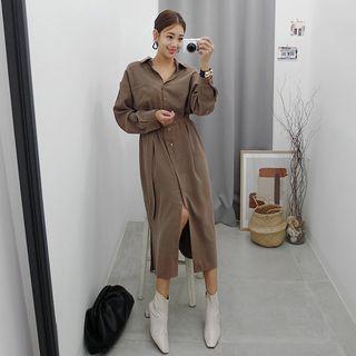 Pocket-front Maxi Shirtdress With Sash
